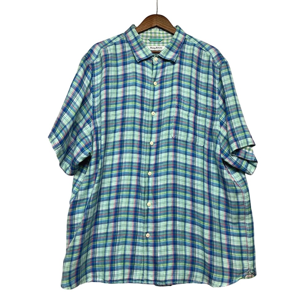 Tommy Bahama Mens Size XXL Plaid Short Sleeve Button Up Shirt Linen Cotton Blend